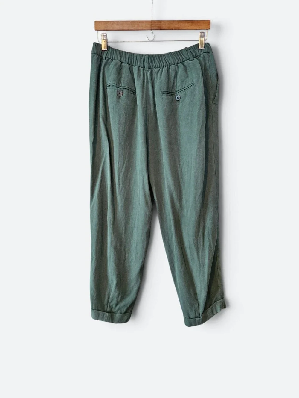 Zara Linen Blend Relaxed Fit Pleated High Waist Balloon Pants in Forest Green L